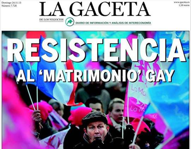 Manifestación homófoba en Francia, portada de 'La Gaceta'