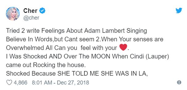 Cher, abrumada por la versión de 'Believe' de Adam Lambert 2