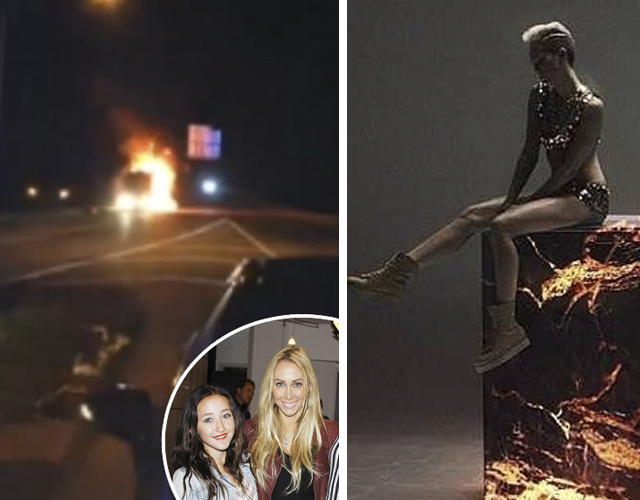 El tour bus de Miley Cyrus, en llamas