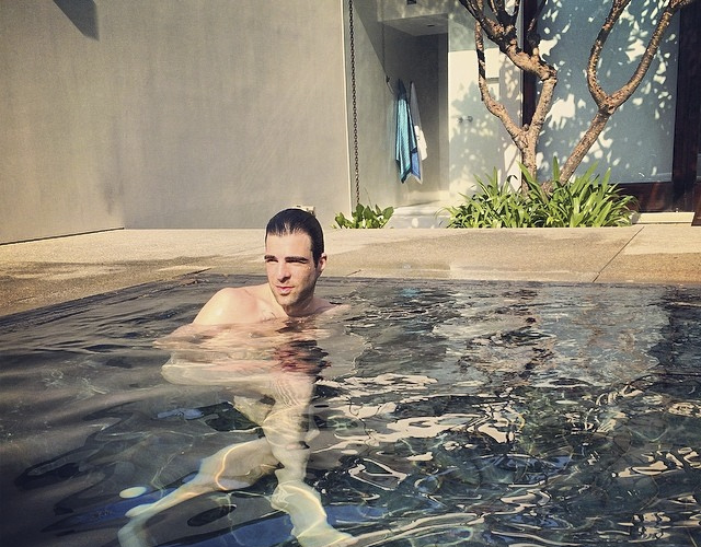 Zachary Quinto desnudo en la piscina. 