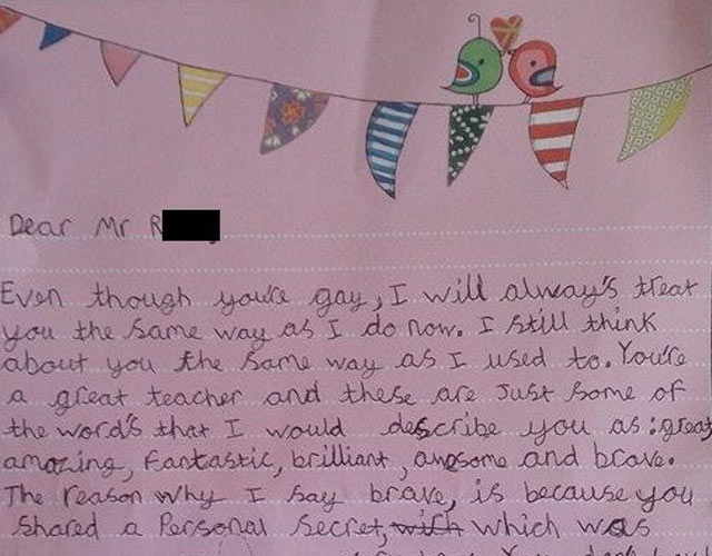 La carta de una niña de 9 años a su profesor gay tras salir del armario