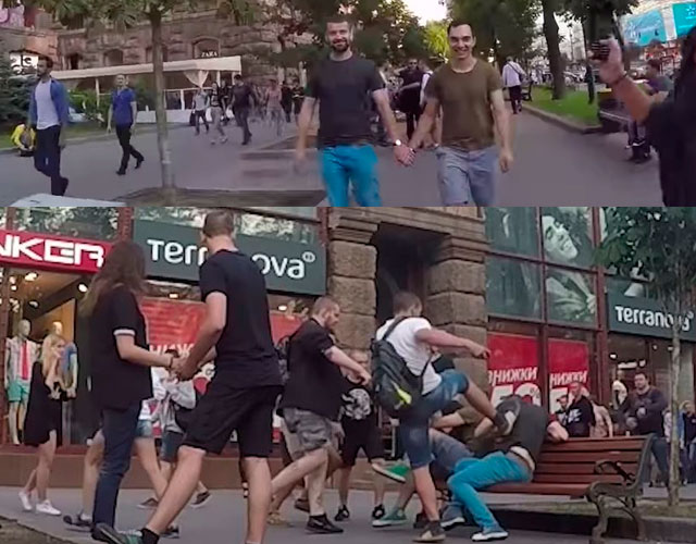 Pareja gay de la mano en Kiev
