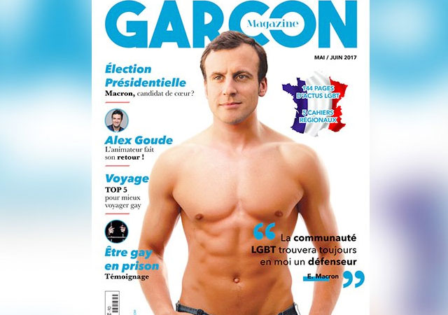 Emmanuel Macron, desnudo de cintura para arriba en una revista gay