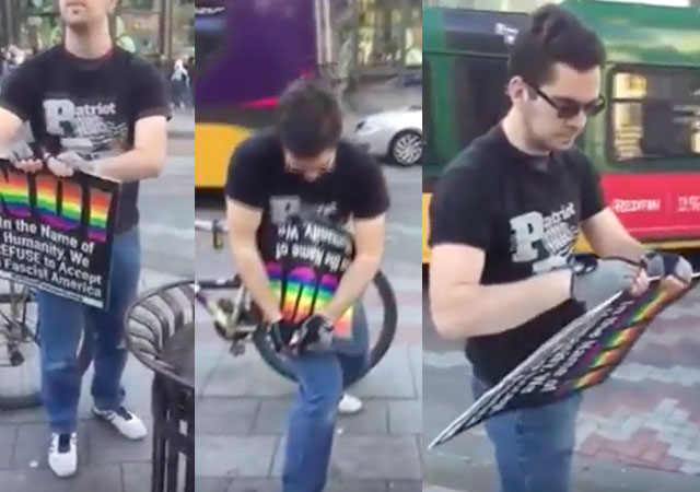 Un homófobo intenta destruir un cartel LGBT y es humillado en público
