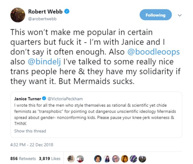Robert Webb, criticado por atacar a la ONG de niños trans Mermaids 1