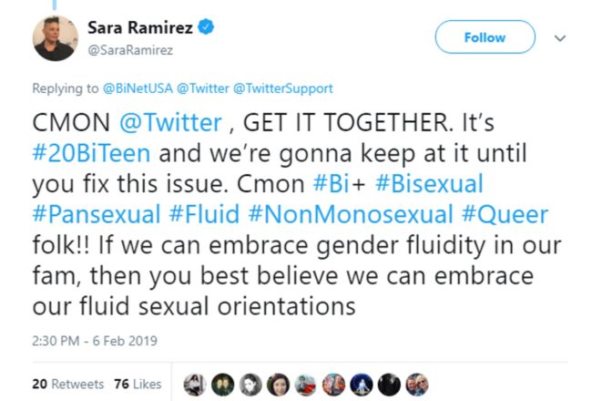 Sara Ramírez arremete contra Twitter por bloquear #20BiTeen 2