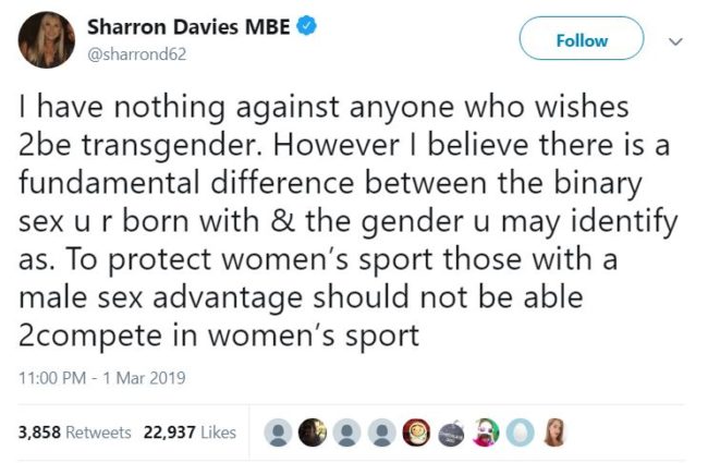 Sharron Davies afirma que los atletas trans 