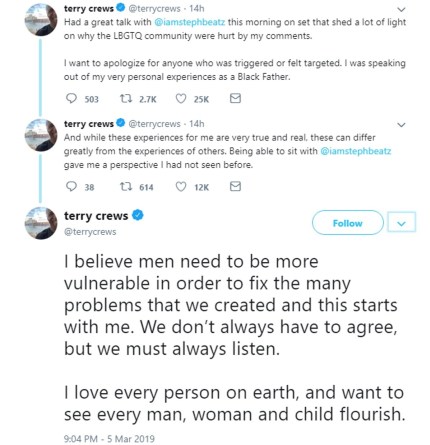 Terry Crews se disculpa por llamar a los niños con padres gays 