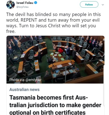 La estrella del rugby Israel Folau dice a los gays: 