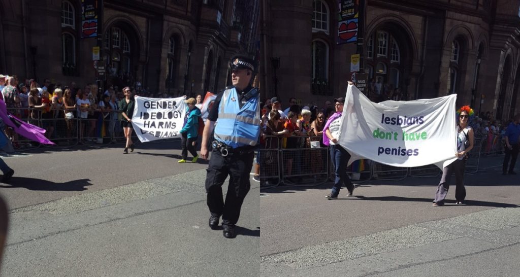 Los manifestantes antitrans marchan frente al desfile del Orgullo de Manchester, dejando a las mujeres trans preocupadas por la seguridad