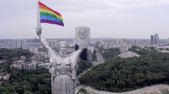 Kyiv's Motherland statue with the rainbow flag