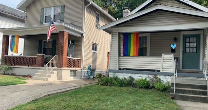 The new Pride flags outside the houses