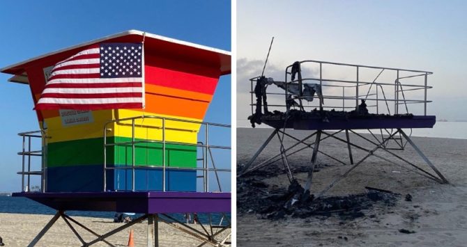 The Long Beach lifeguard hut before and after burning