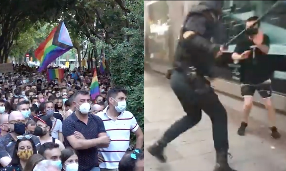 La policía antidisturbios golpea sin piedad a la multitud que protesta por el asesinato de un joven gay español en un impactante vídeo