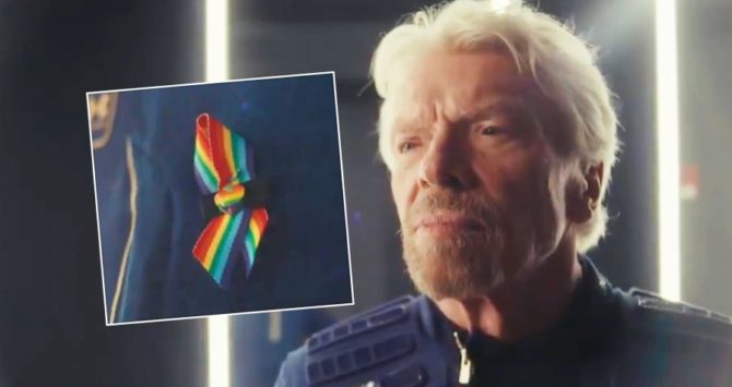 Richard Branson and the rainbow ribbon he wore on his space flight