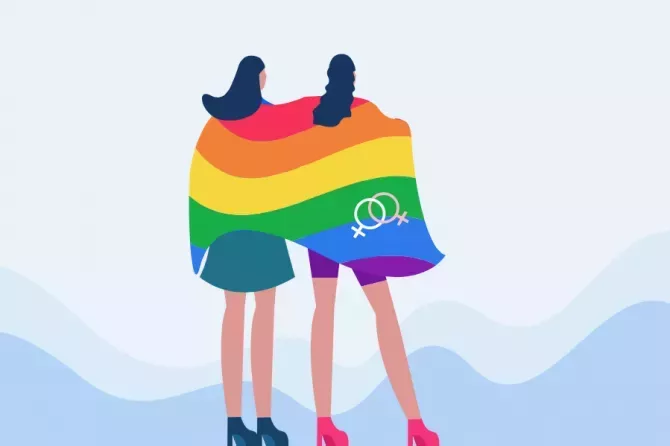 Illustration of lesbian women covering each other with a rainbow gay pride flag