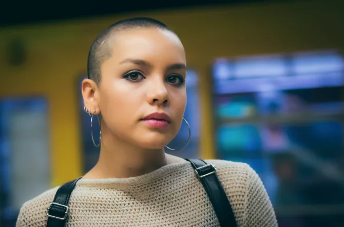 Young beautiful female model with buzz cut in Buenos Aires