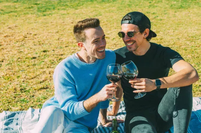 Casual Laughing Gay Couple Toasting Glasses of Red Wine in a Park Picnic Sitting on Green Grass