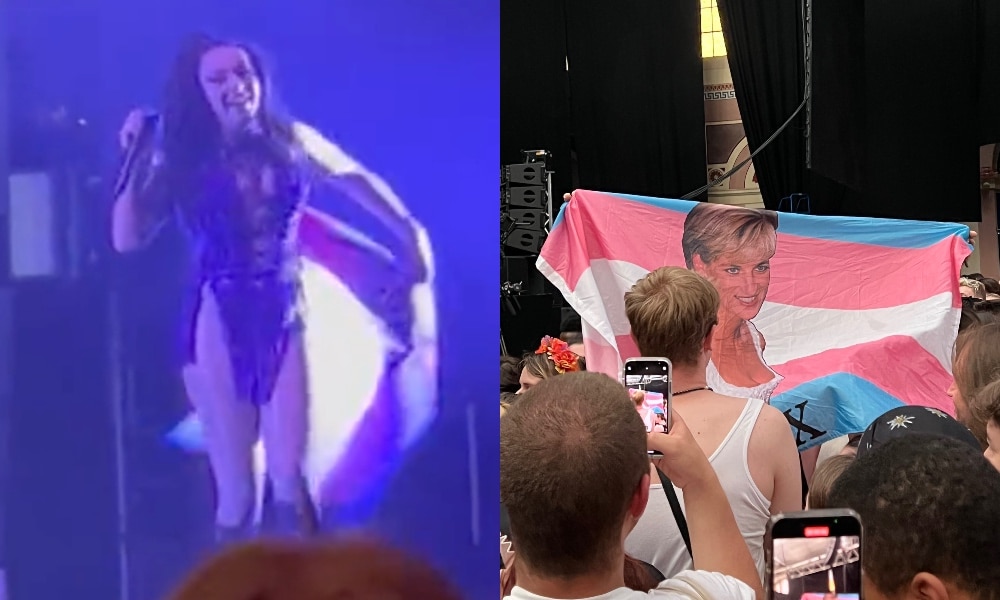 Charli XCX muestra una bandera trans con la cara de Lady Di en un concierto