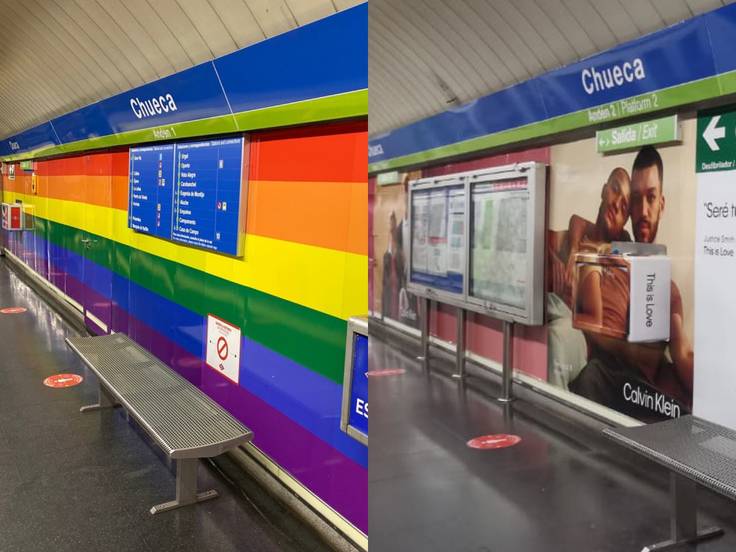 Eliminan el arcoiris de la estación de metro Chueca en Madrid