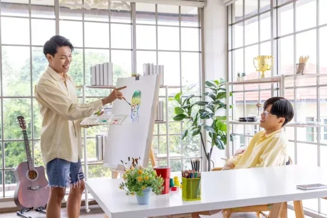 young couple painting together
