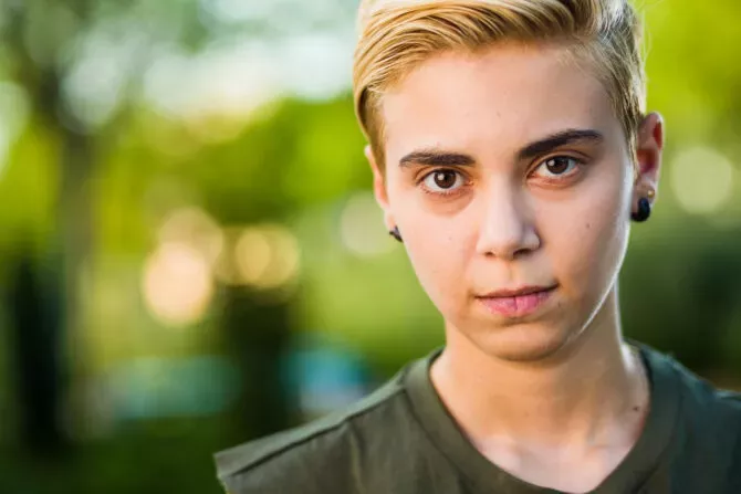 young woman with short blonde hair