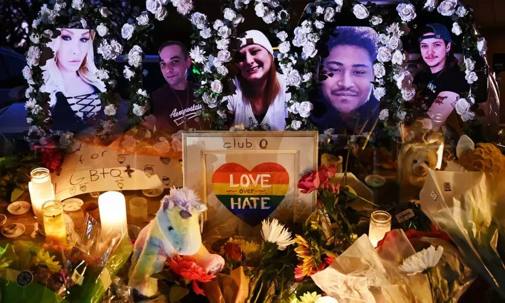 An image showing a memorial of the five people killed in the Club Q shooting.