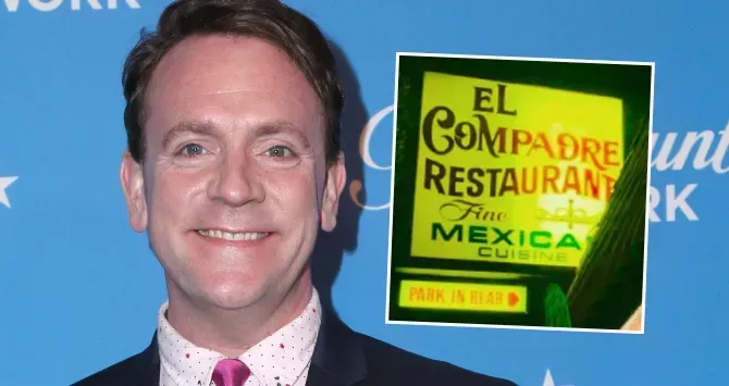 Actor and comediam Drew Droege and a sign for El Compadre restaurant