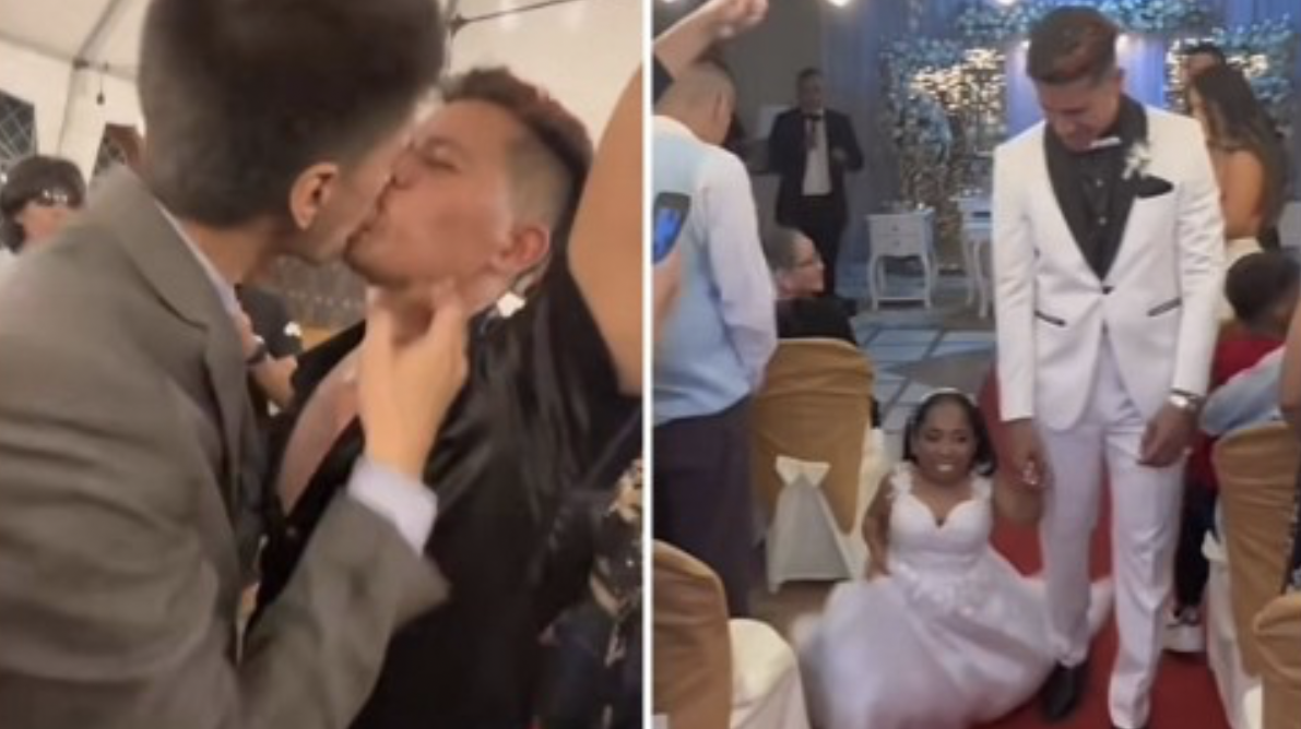 Un novio besa a otro hombre delante de su mujer durante la boda