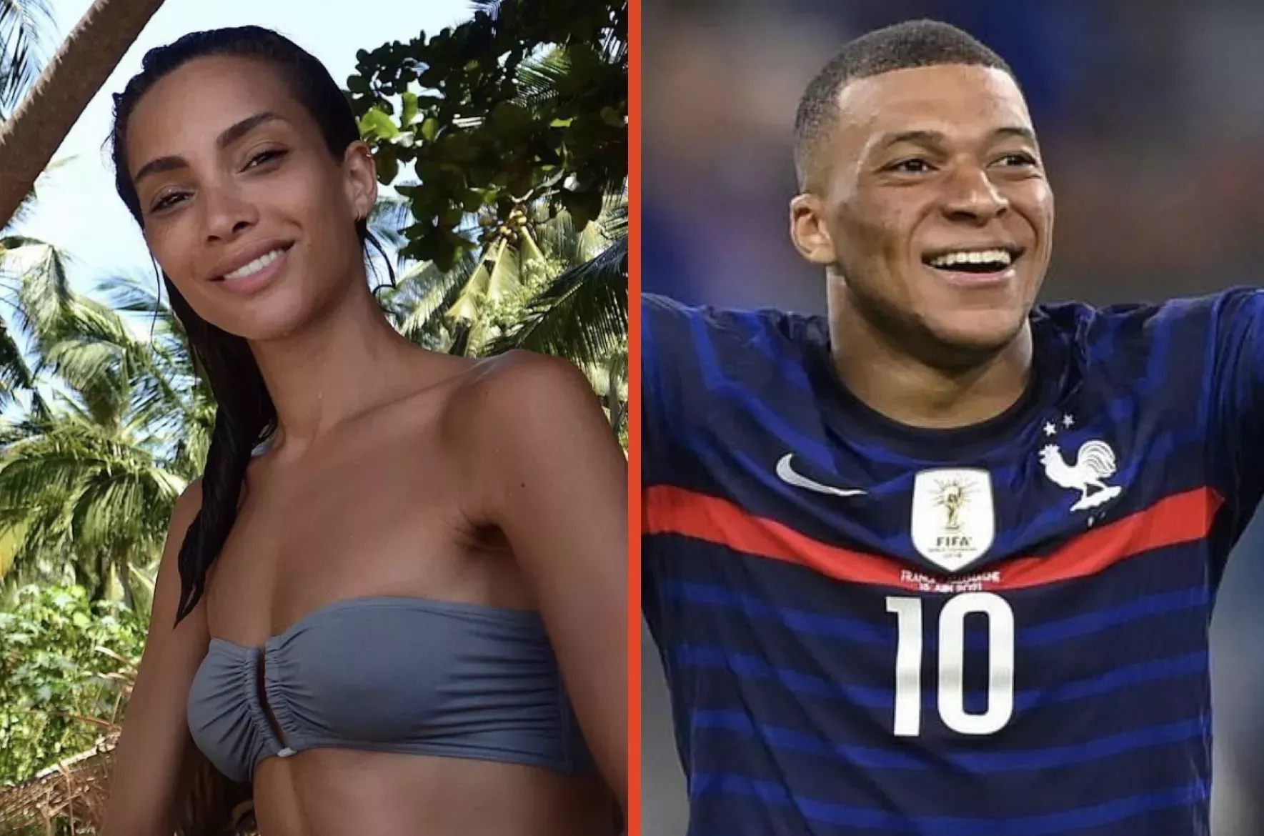Photos of model Ines Rau and soccer star Kylian Mbappe side by side.