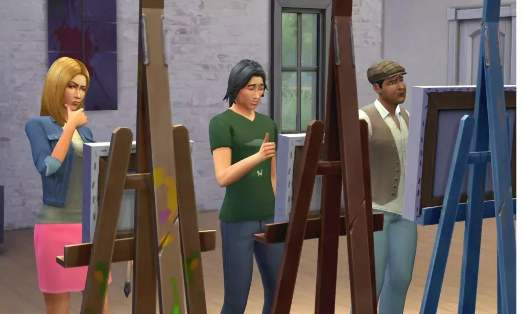 Three characters from The Sims 4 all stare at a painting canvas inside an art gallery.