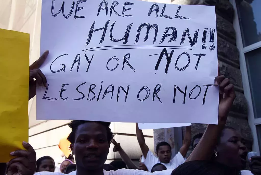 South African human rights activists protest protest against homosexuals imprisoned in Malawi.