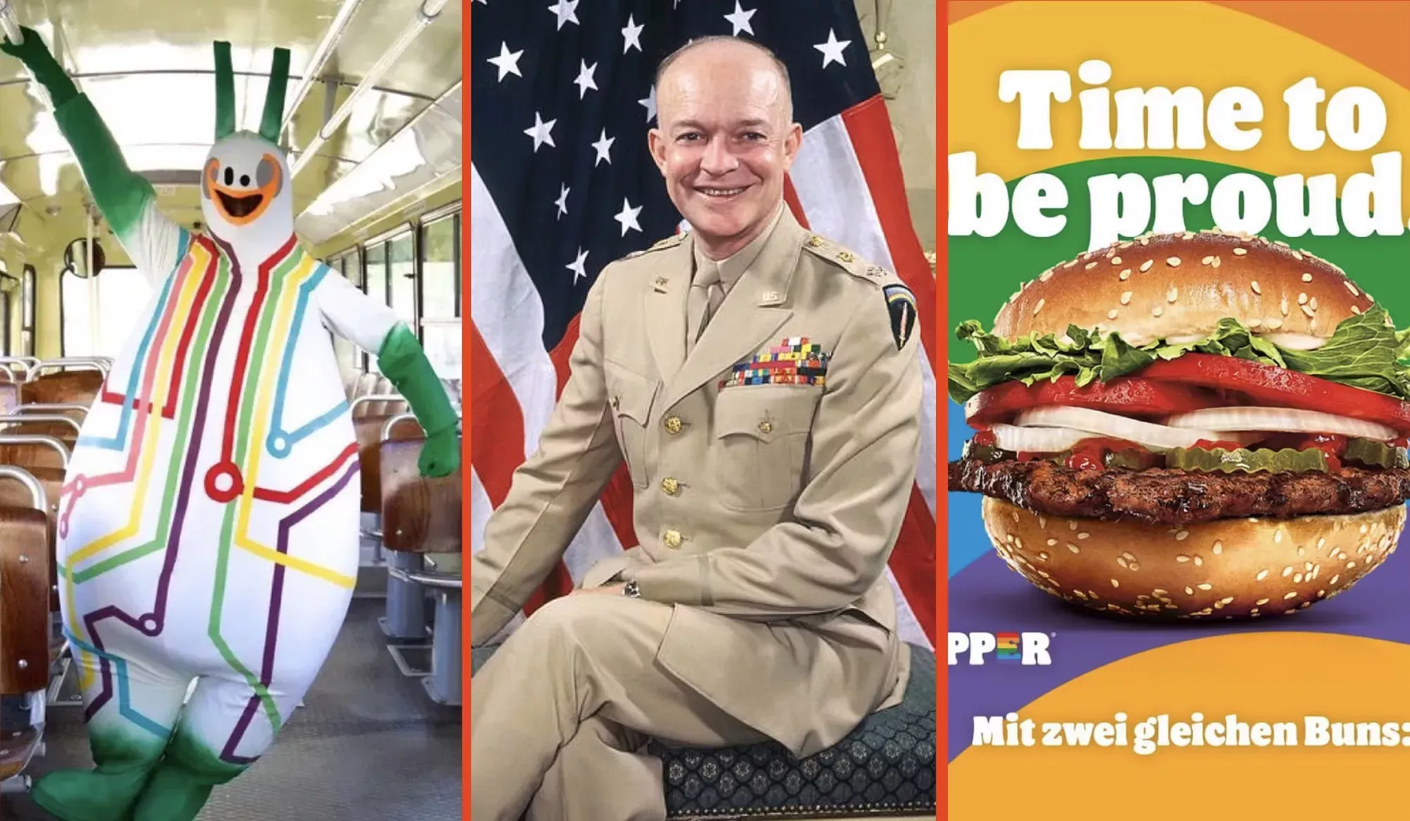 A collage of some of gay Twitter's main characters from this year: Spanish bus mascot La Bussi, Former President Dwight D. Eisenhower, and the Burger King Pride Whopper.