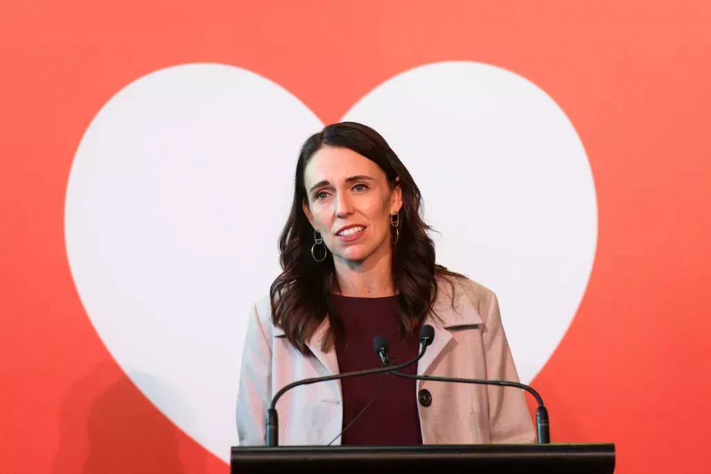 Jacinda Ardern speaks to the media at the reception for the first Trans-Tasman bubble flight from Australia to Wellington on April 19, 2021.