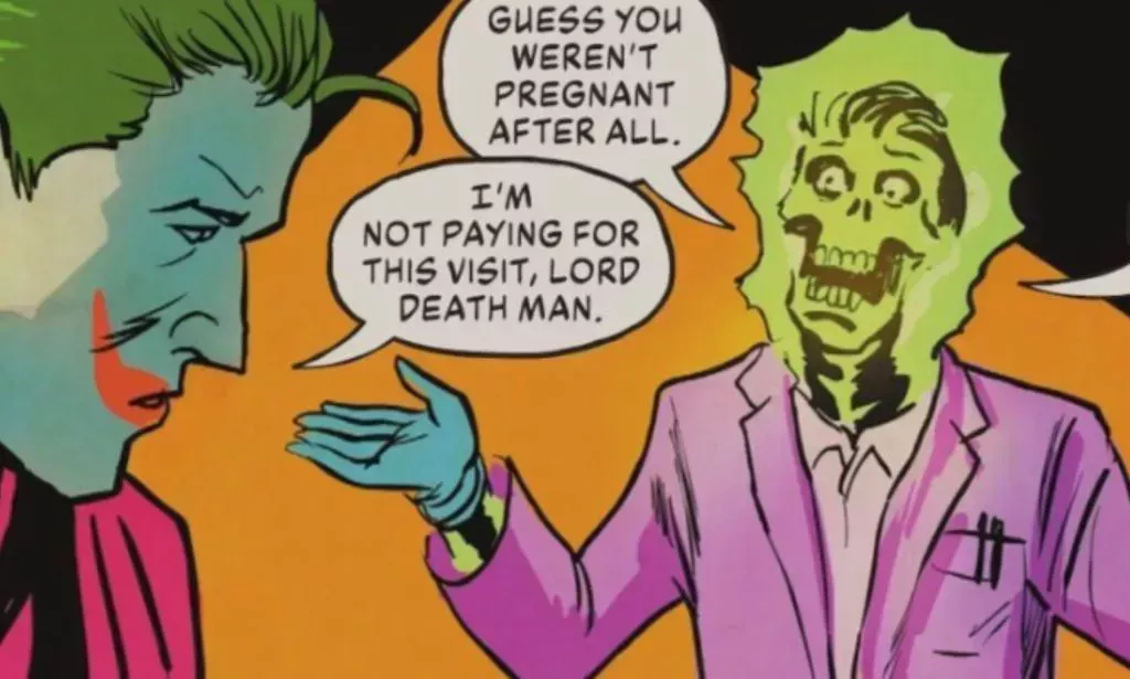 A panel from a DC comic book in which a person tells the joker he wasn't pregnant and the villain said he's not paying for the visit