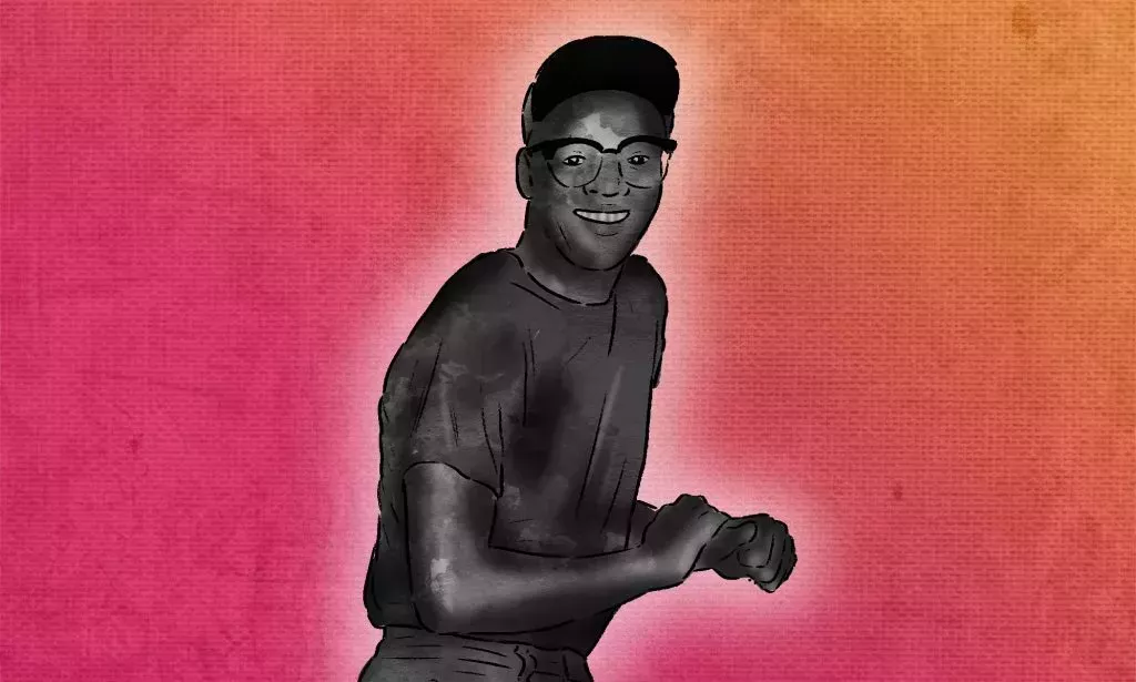 An illustration of Tony Hughes on a pink and orange ombre background