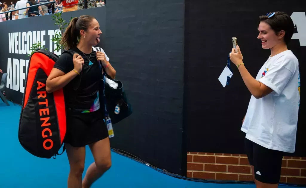 Natalia Zabiiako films girlfriend Daria Kasatkina of Russia after her quarter-final victory on Day 4 of the 2023 Adelaide International at Memorial Drive on January 12, 2023 in Adelaide, Australia.
