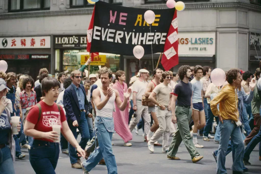 A banner reading 'We Are Everywhere' at a Pride march on Fifth Avenue in New York City, USA, July 1979. 