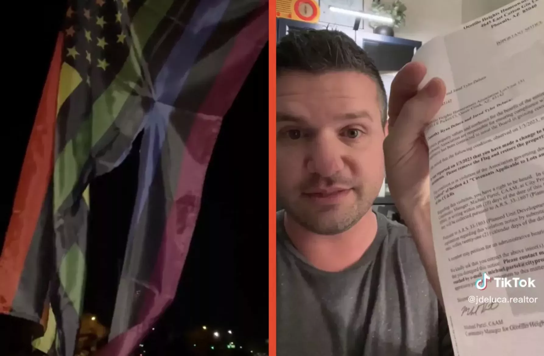 Side-by-side pictures of a torn rainbow Pride flag and Jared Deluca holding up a letter fro his homeonwer's association.