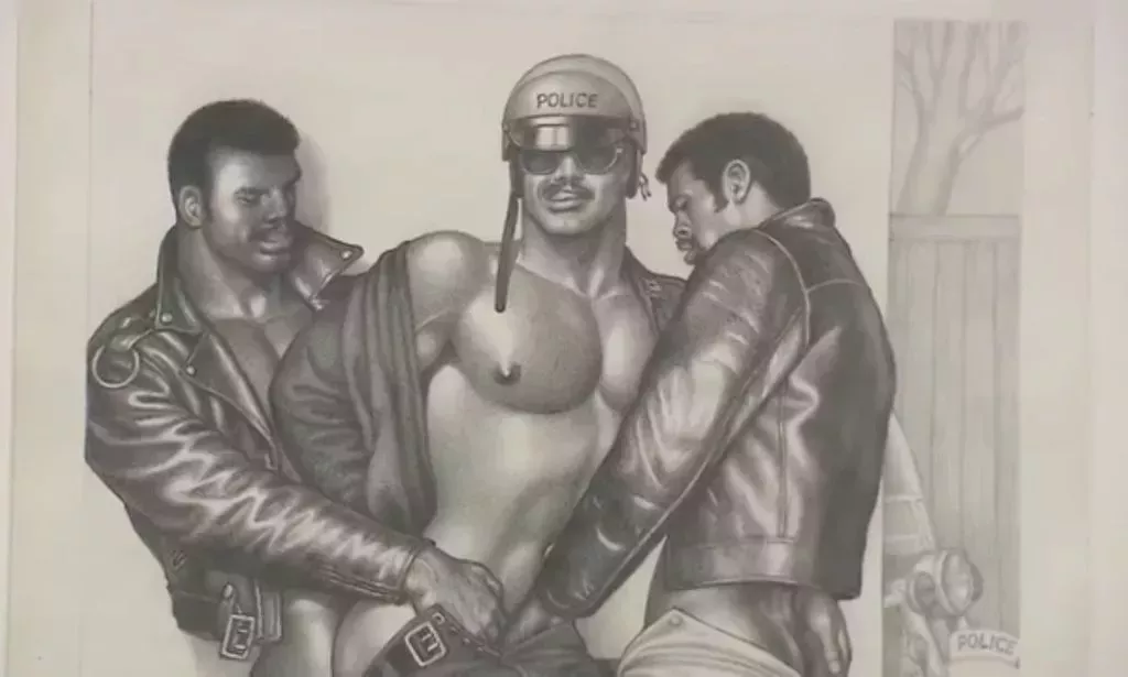 One of Tom of Finland's illustrations. It shows two men in a sexually charged scene with a muscular police officer.