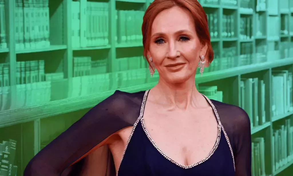 A graphic composed of an image of JK Rowling, who is wearing a dark dress with a cape, in front of a picture of books washed in a green colour