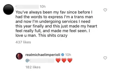 A screenshot of Michael Imperioli showing support for the trans community in his comments