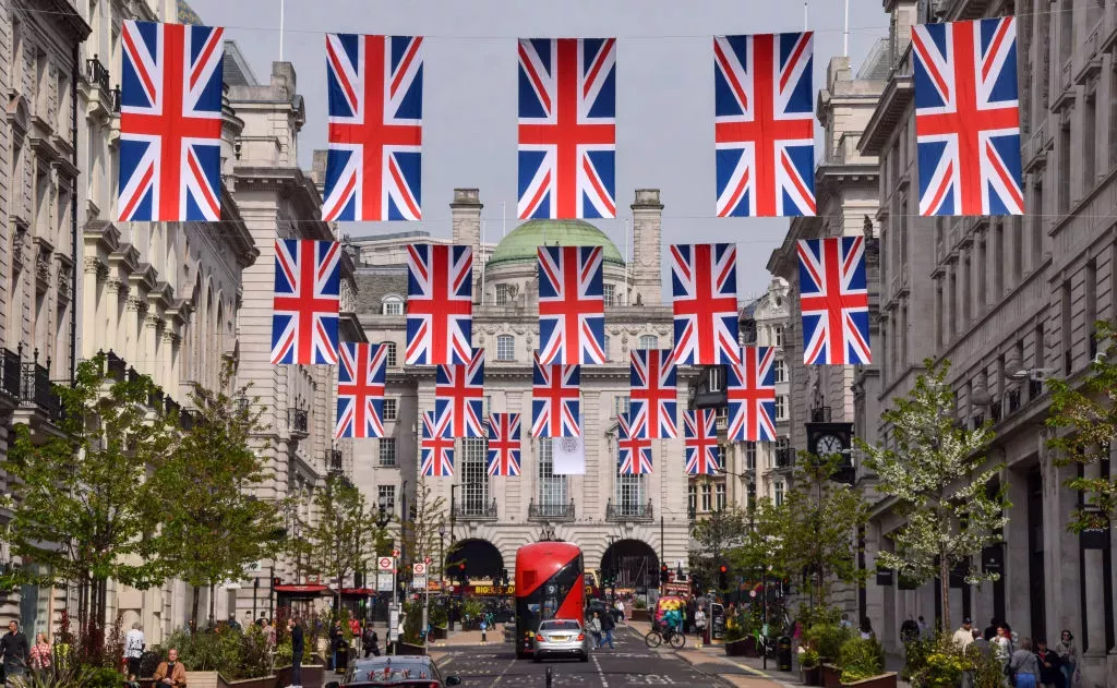 Union Jacks decorate Regent Street ahead of the coronation of King Charles III. 
