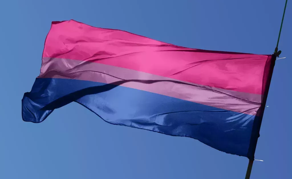 Bisexual Pride flag with pink, purple and blue colours