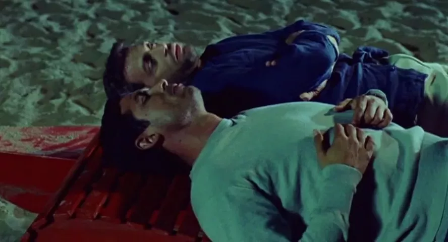 Realistic gay sex scenes: A still image from the movie David's Birthday. Two men lay on the beach next to each other. They are both clothed and are staring at the sky. 