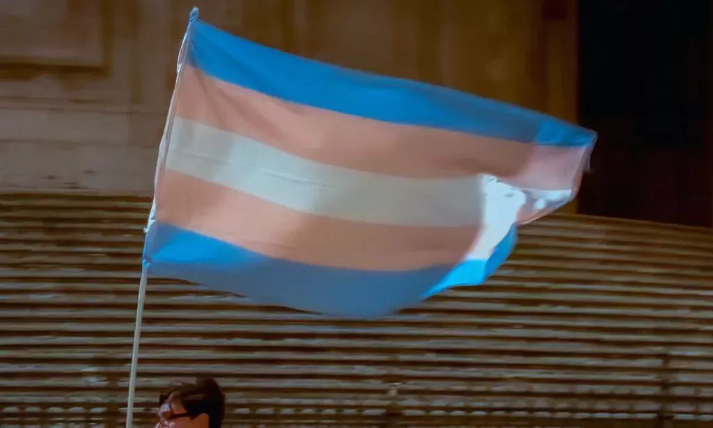A person holds up a trans flag.