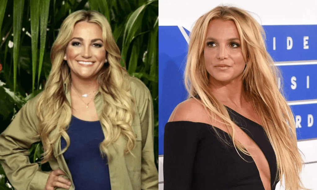 Jamie Lynn Spears in her I'm A Celeb 2023 promo photo (left) and Britney on the red carpet (right). 