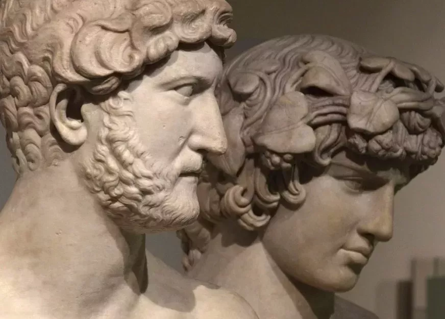 Marble busts of Roman emperor Hadrian and his lover Antinous