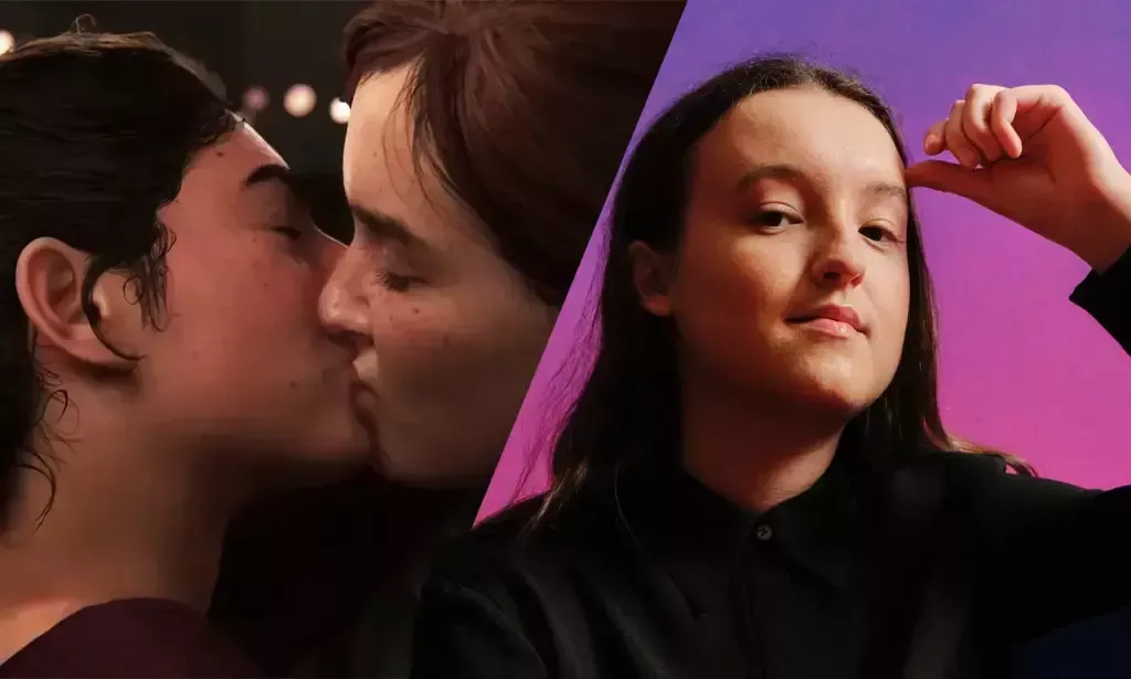 On the left, a still from The Last of Us video game featuring Ellie and Dina kissing. On the right, BAFTA Breakthrough star Bella Ramsey.