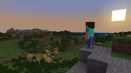 Minecraft skin Steve surveys the infinite Minecraft landscape - a blocky, pixellated world. 